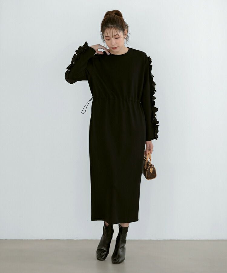 即購入可能です☆2段フリル袖パールワンピース☆ 袖フリルワンピース パール付 袖フリル ドローストリング ワンピース
