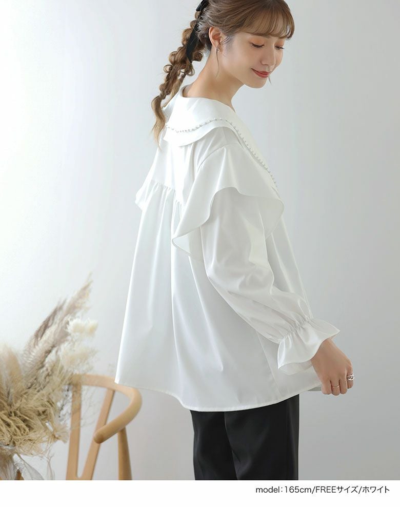 極美品♡ NEMIKA パールブラウス 長袖 カットソー フリル サイズ2 ビッグパールカラーフリルブラウス ビッグカラー パールビジュー
