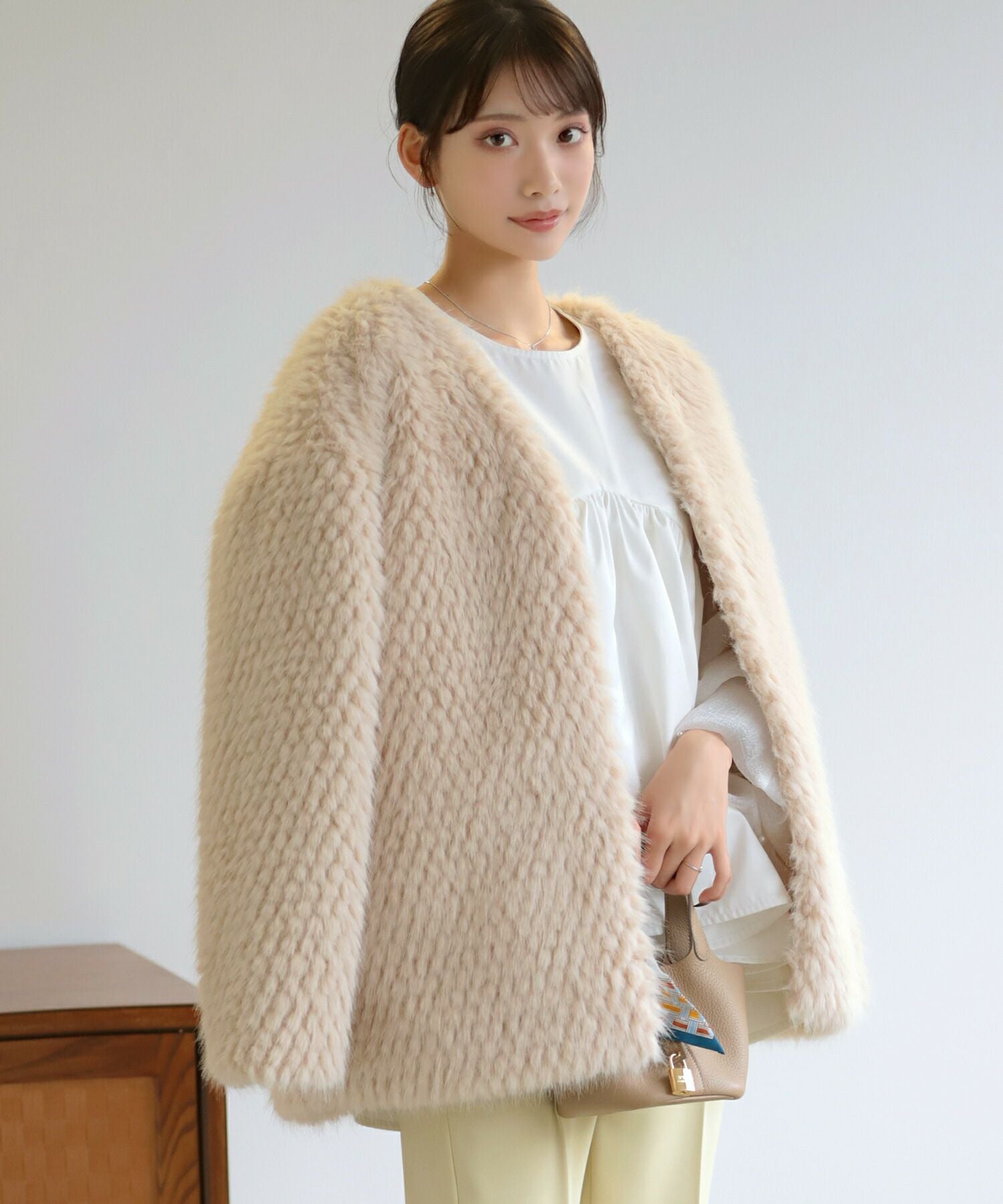 美品✨TICCA ウールファー ノーカラーコート ブラウン VERMEIL par iena（ヴェルメイユパーイエナ）の「【TICCA /ティッカ