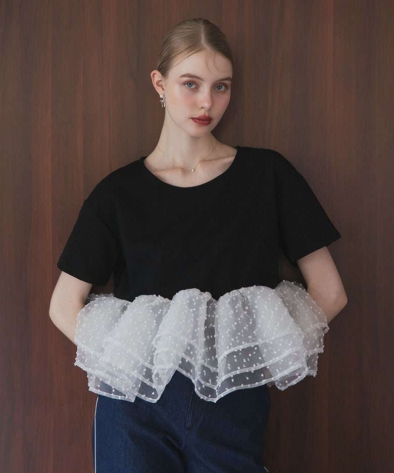 新品タグ付き♡ドットフリルトップス ドットフリル付きノースリーブカットトップス